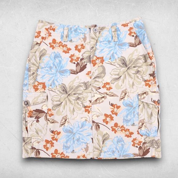 VTG Eddie Bauer Floral Canvas Skirt 4 Beige Cargo Pockets Slit Back Y2K Utility - Picture 1 of 10